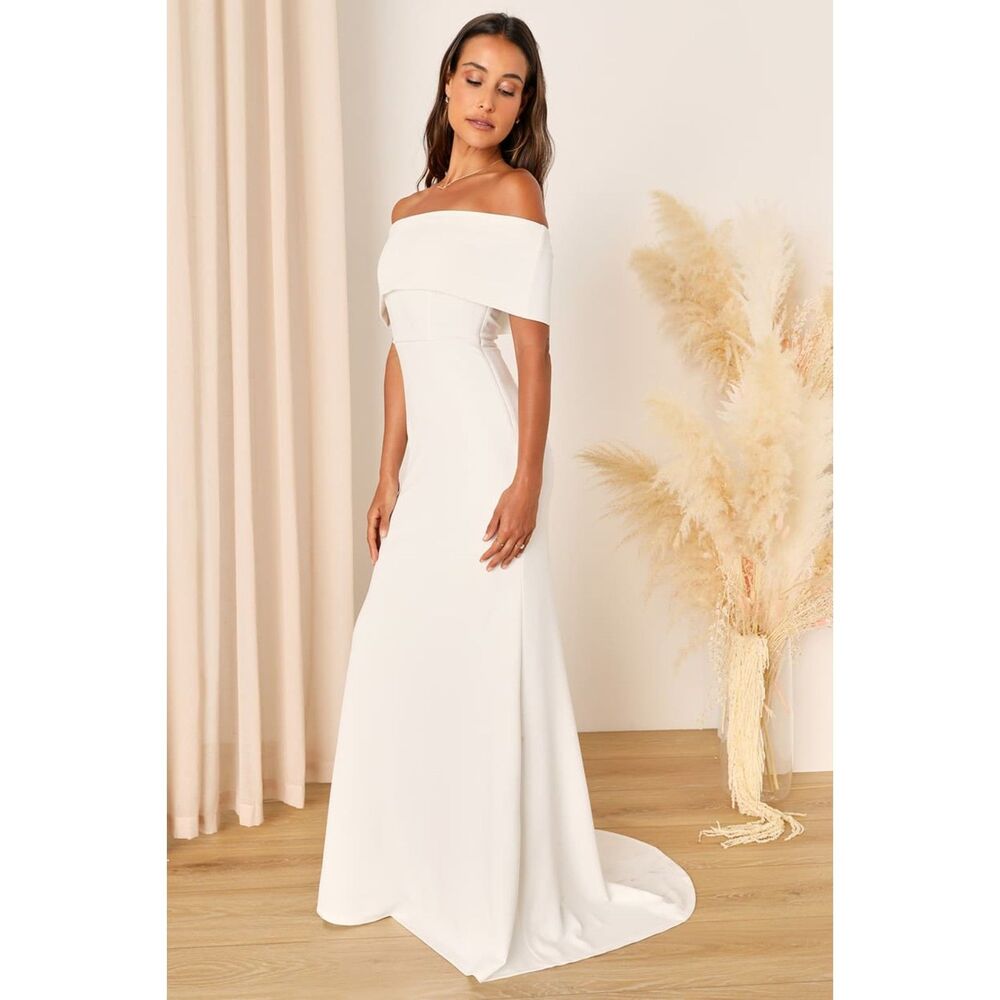 Lulus Exceptional Romance White Off-the-Shoulder Mermaid Maxi Dress Size Large